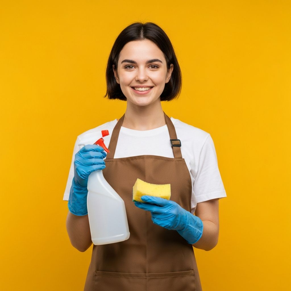 Professional cleaner with cleaning supplies